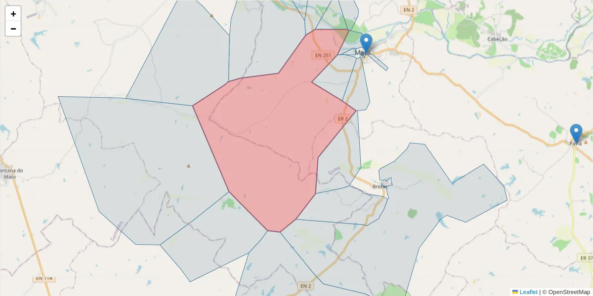 Mapa detalhado do código postal 7490-222 com limites, códigos postais vizinhos e agências dos correios