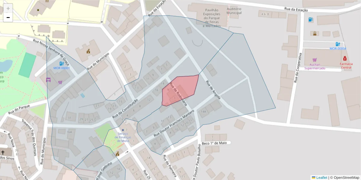 Mapa detalhado do código postal 7490-229 com limites, códigos postais vizinhos e agências dos correios