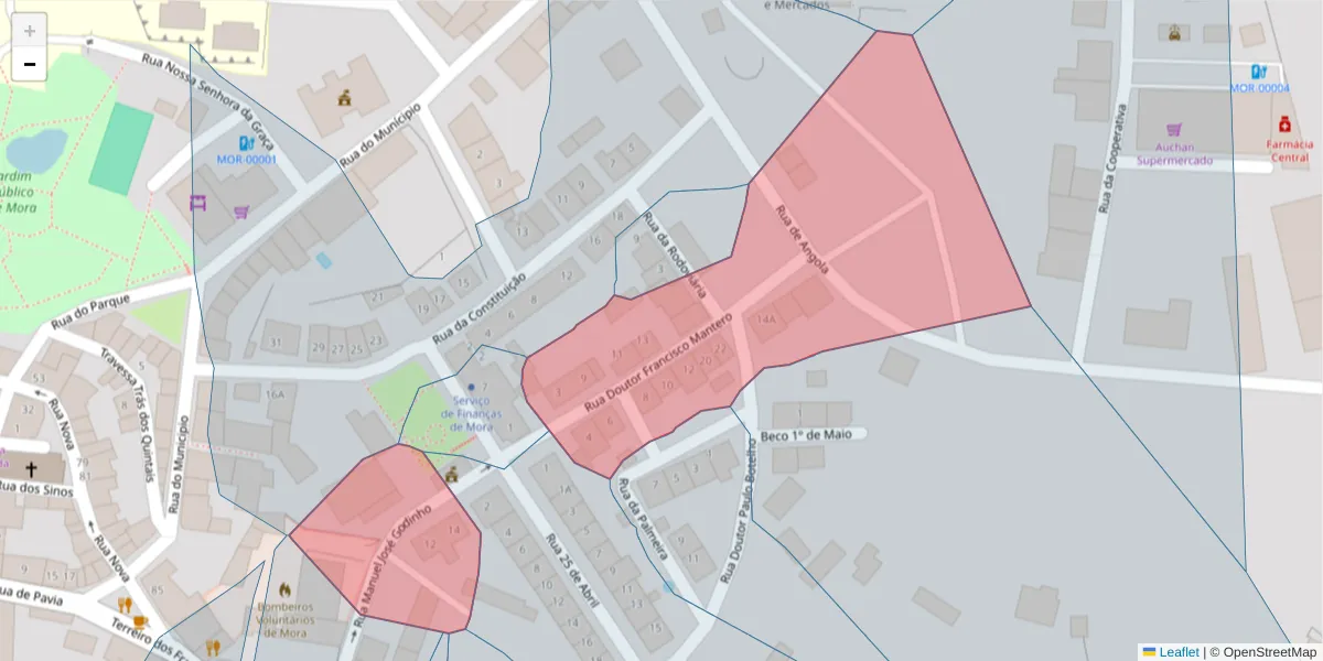 Mapa detalhado do código postal 7490-246 com limites, códigos postais vizinhos e agências dos correios