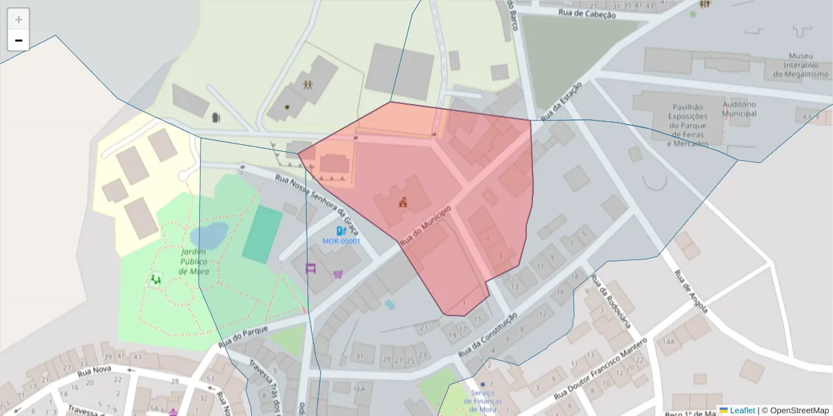 Mapa detalhado do código postal 7490-247 com limites, códigos postais vizinhos e agências dos correios