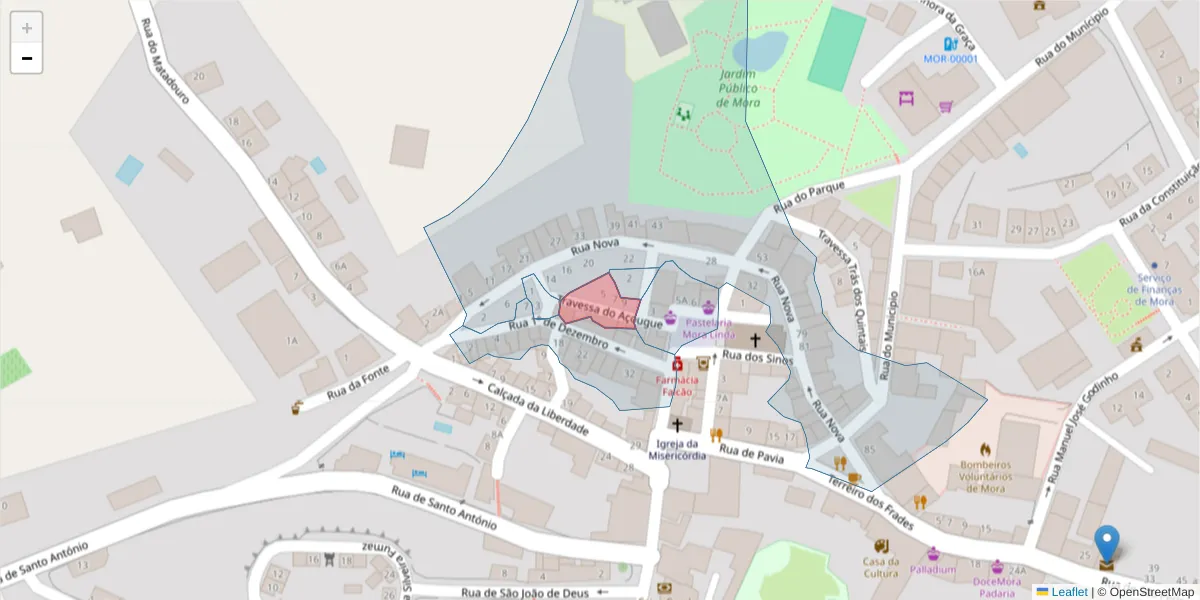 Mapa detalhado do código postal 7490-255 com limites, códigos postais vizinhos e agências dos correios