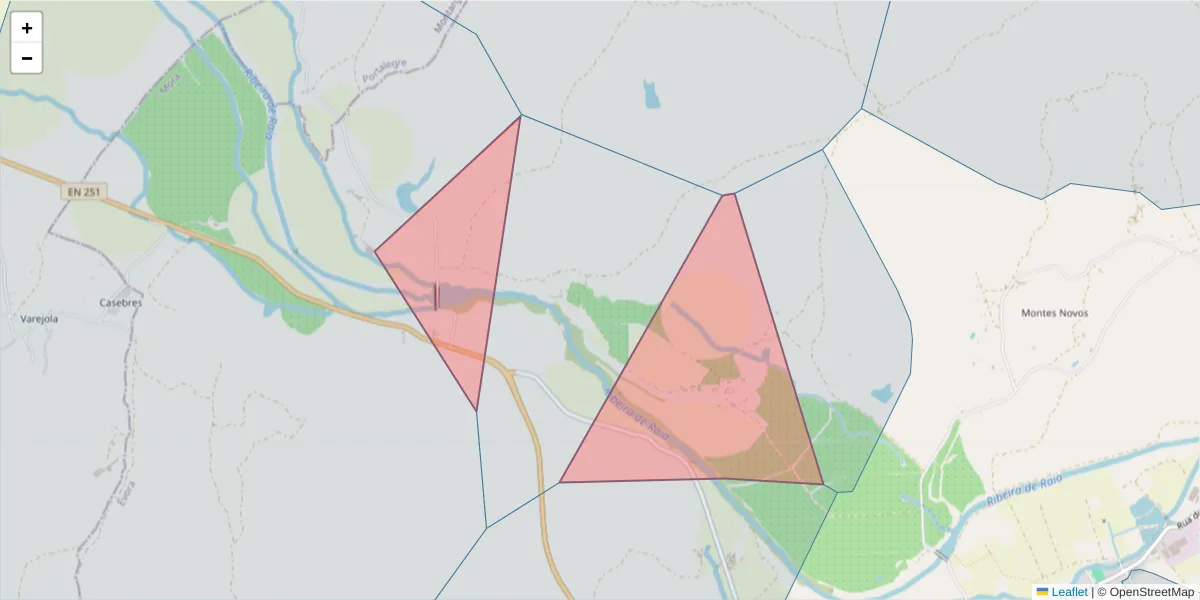 Mapa detalhado do código postal 7490-319 com limites, códigos postais vizinhos e agências dos correios