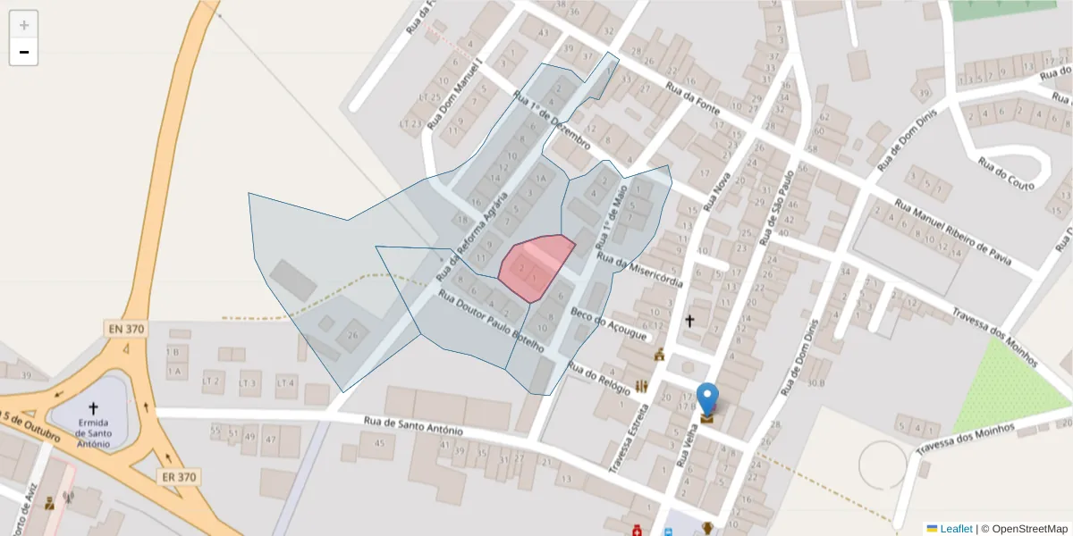 Mapa detalhado do código postal 7490-425 com limites, códigos postais vizinhos e agências dos correios