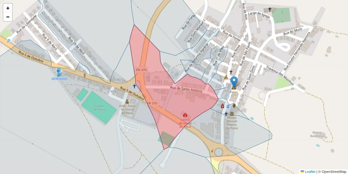 Mapa detalhado do código postal 7490-434 com limites, códigos postais vizinhos e agências dos correios