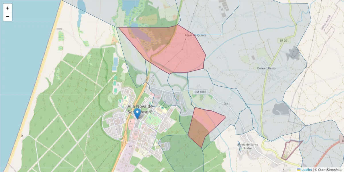 Mapa detalhado do código postal 7500-020 com limites, códigos postais vizinhos e agências dos correios