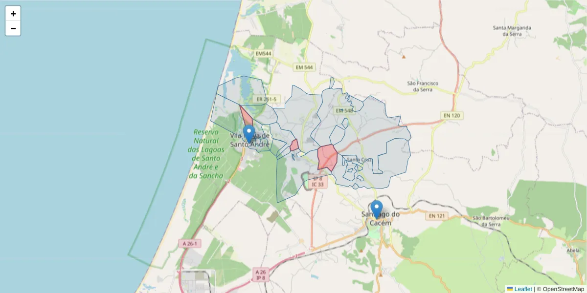 Mapa detalhado do código postal 7500-036 com limites, códigos postais vizinhos e agências dos correios