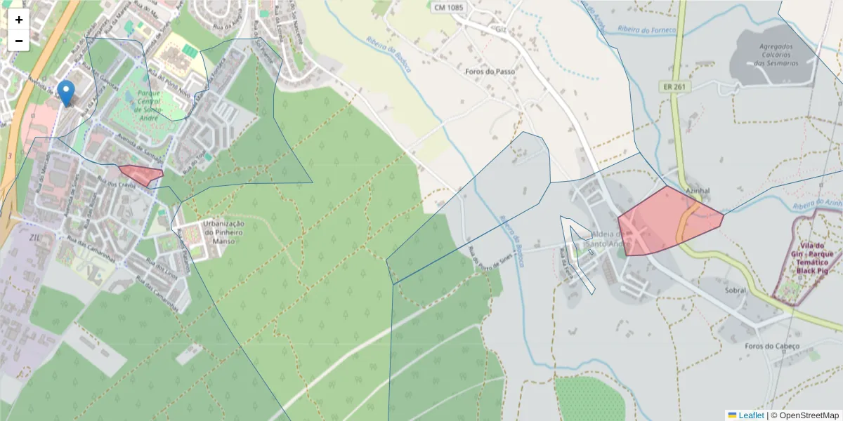 Mapa detalhado do código postal 7500-100 com limites, códigos postais vizinhos e agências dos correios