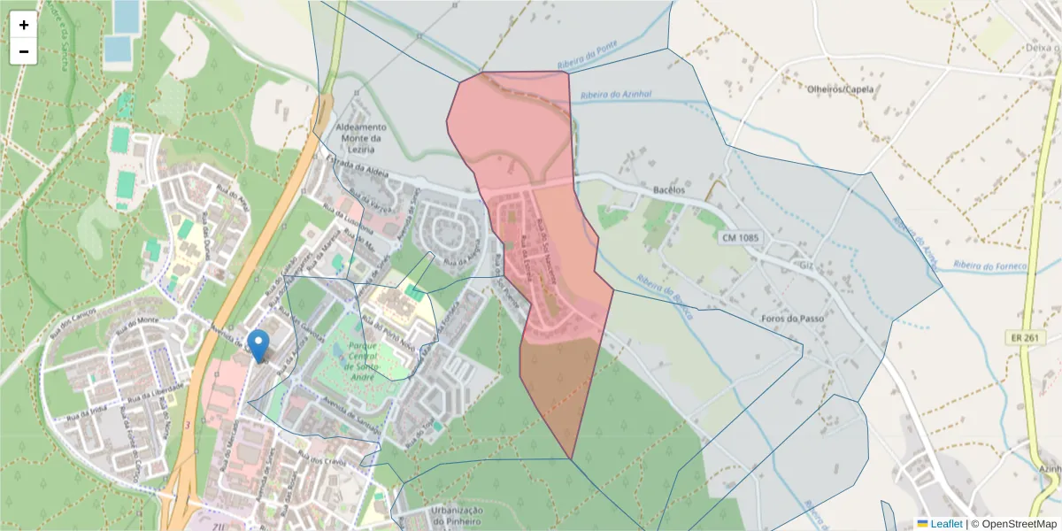 Mapa detalhado do código postal 7500-210 com limites, códigos postais vizinhos e agências dos correios