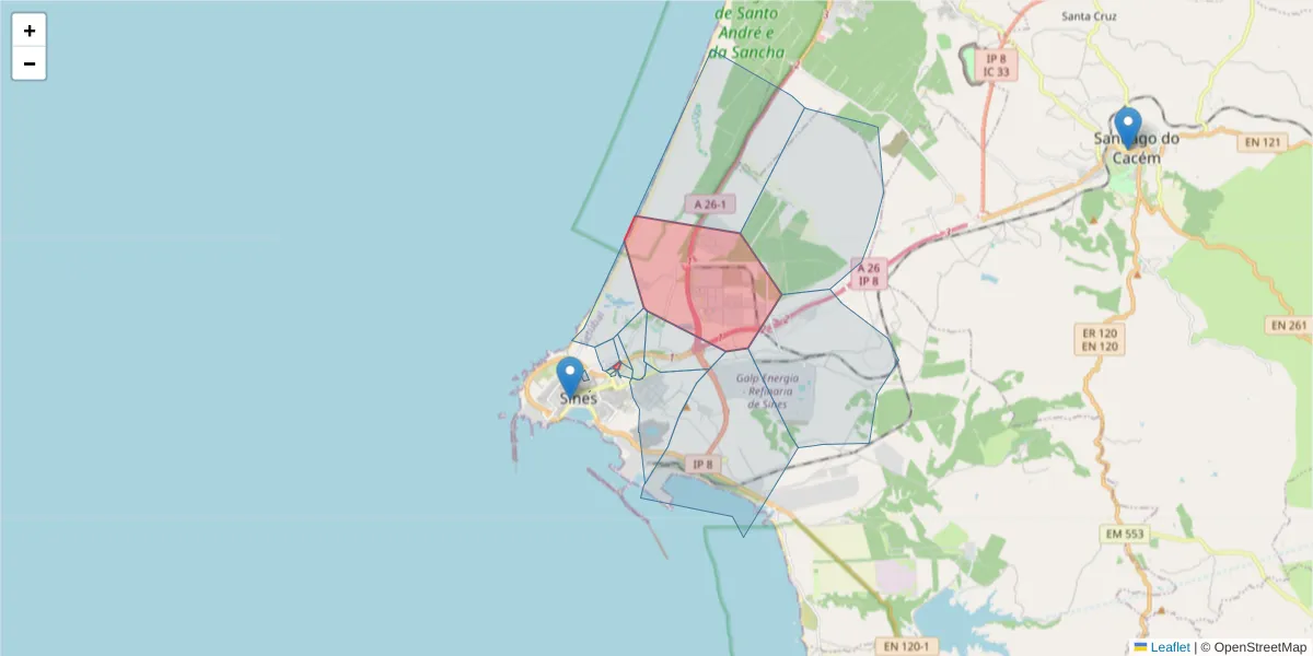 Mapa detalhado do código postal 7520-001 com limites, códigos postais vizinhos e agências dos correios
