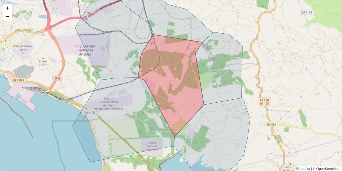 Mapa detalhado do código postal 7520-034 com limites, códigos postais vizinhos e agências dos correios