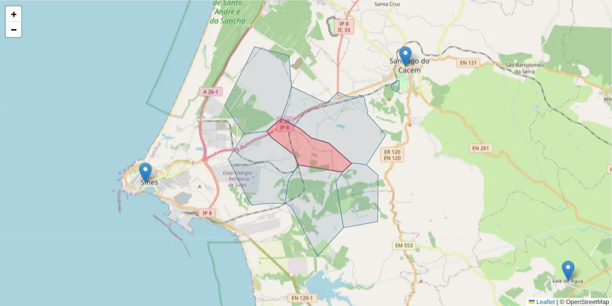 Mapa detalhado do código postal 7520-035 com limites, códigos postais vizinhos e agências dos correios