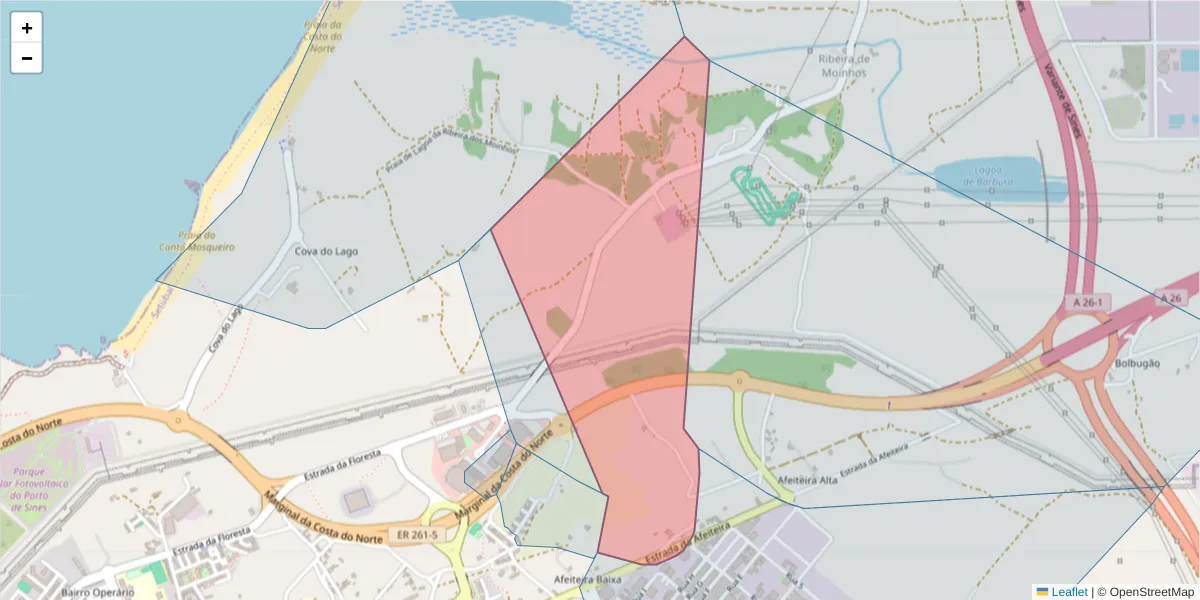 Mapa detalhado do código postal 7520-046 com limites, códigos postais vizinhos e agências dos correios