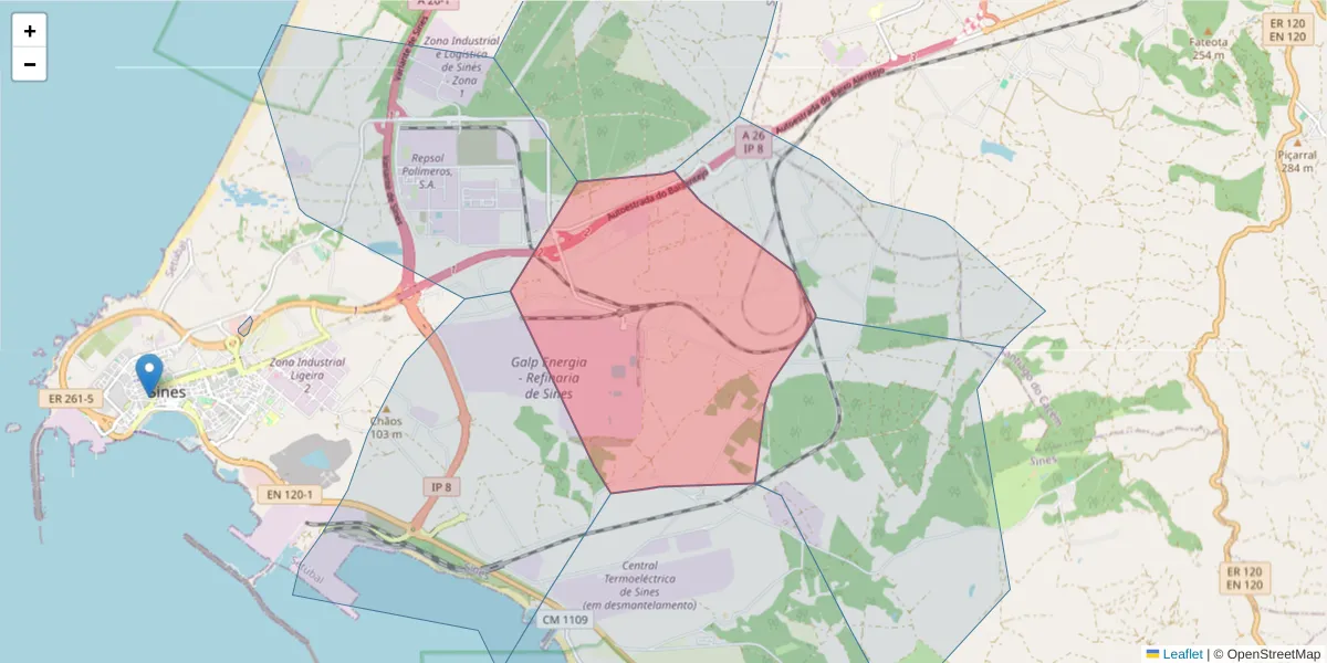 Mapa detalhado do código postal 7520-057 com limites, códigos postais vizinhos e agências dos correios