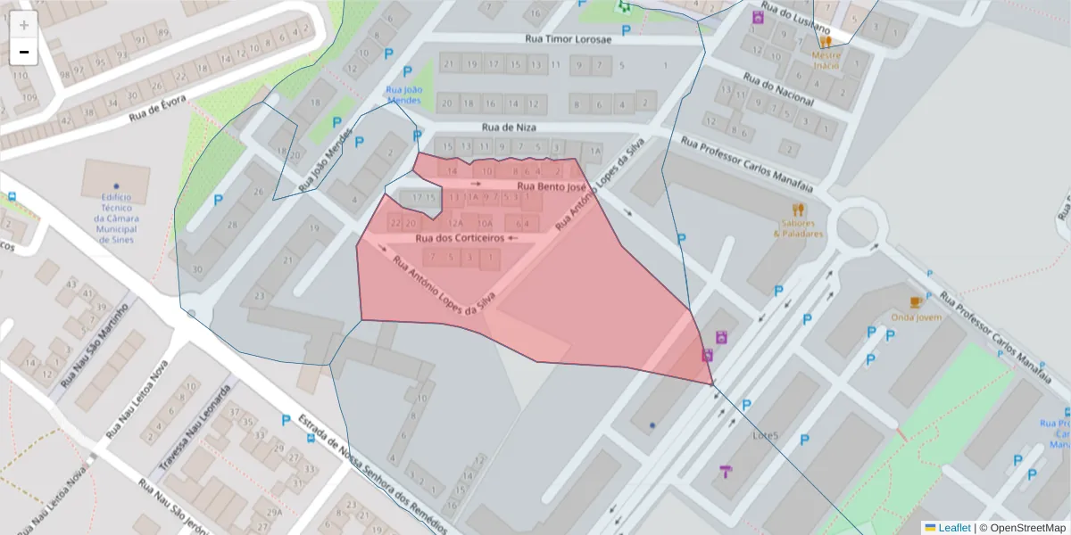 Mapa detalhado do código postal 7520-080 com limites, códigos postais vizinhos e agências dos correios