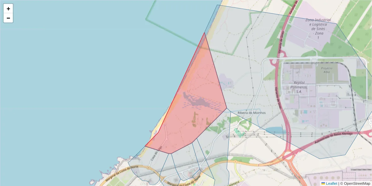 Mapa detalhado do código postal 7520-090 com limites, códigos postais vizinhos e agências dos correios