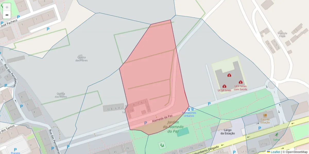 Mapa detalhado do código postal 7520-111 com limites, códigos postais vizinhos e agências dos correios