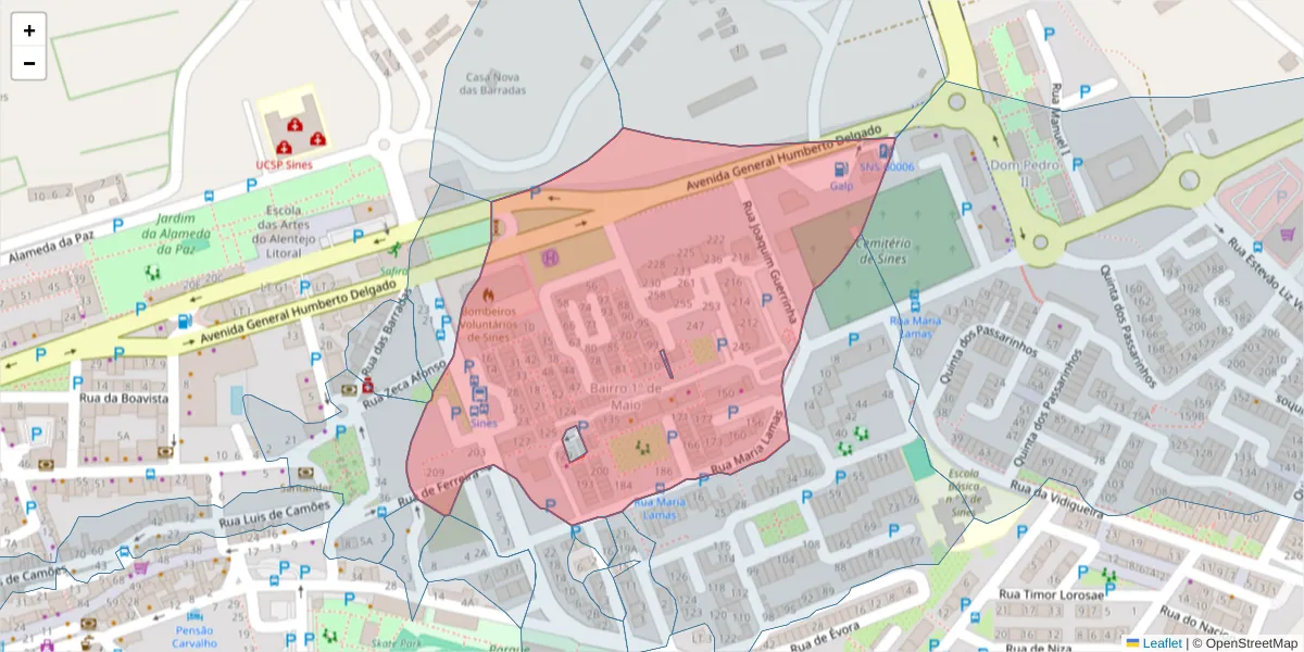 Mapa detalhado do código postal 7520-124 com limites, códigos postais vizinhos e agências dos correios