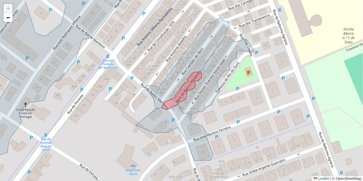 Mapa detalhado do código postal 7520-127 com limites, códigos postais vizinhos e agências dos correios