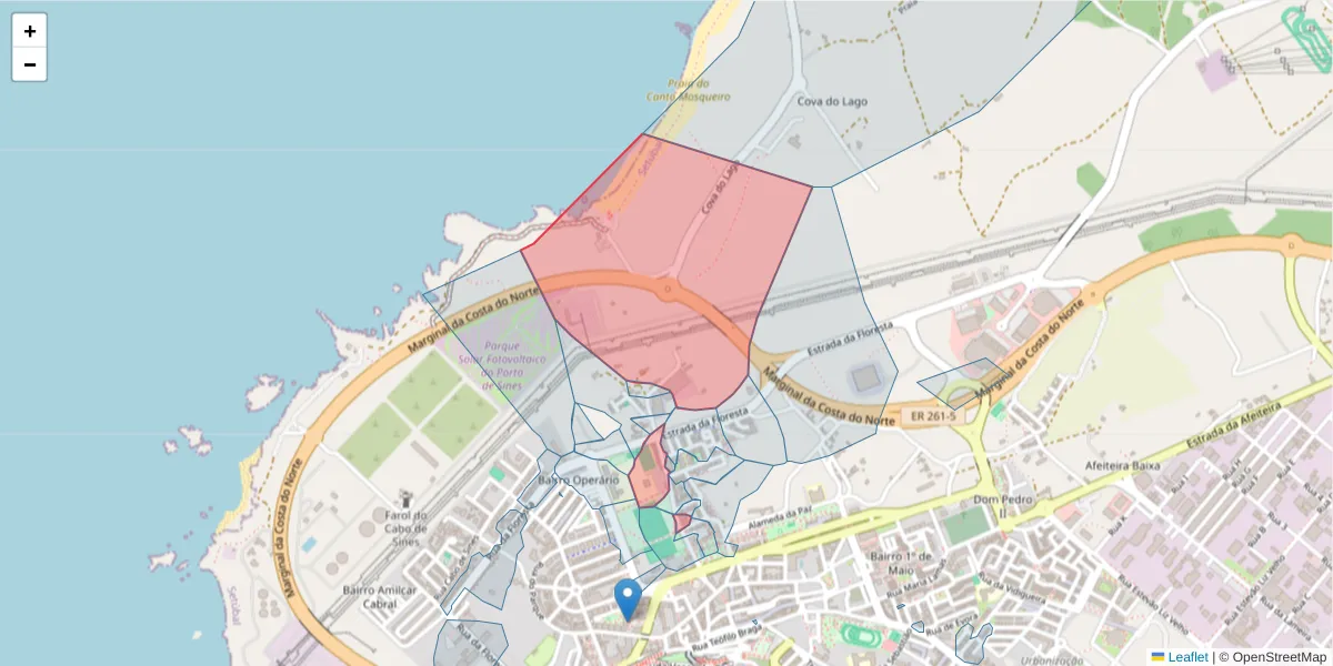 Mapa detalhado do código postal 7520-135 com limites, códigos postais vizinhos e agências dos correios
