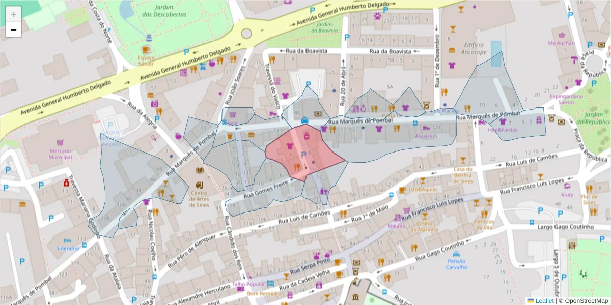 Mapa detalhado do código postal 7520-141 com limites, códigos postais vizinhos e agências dos correios