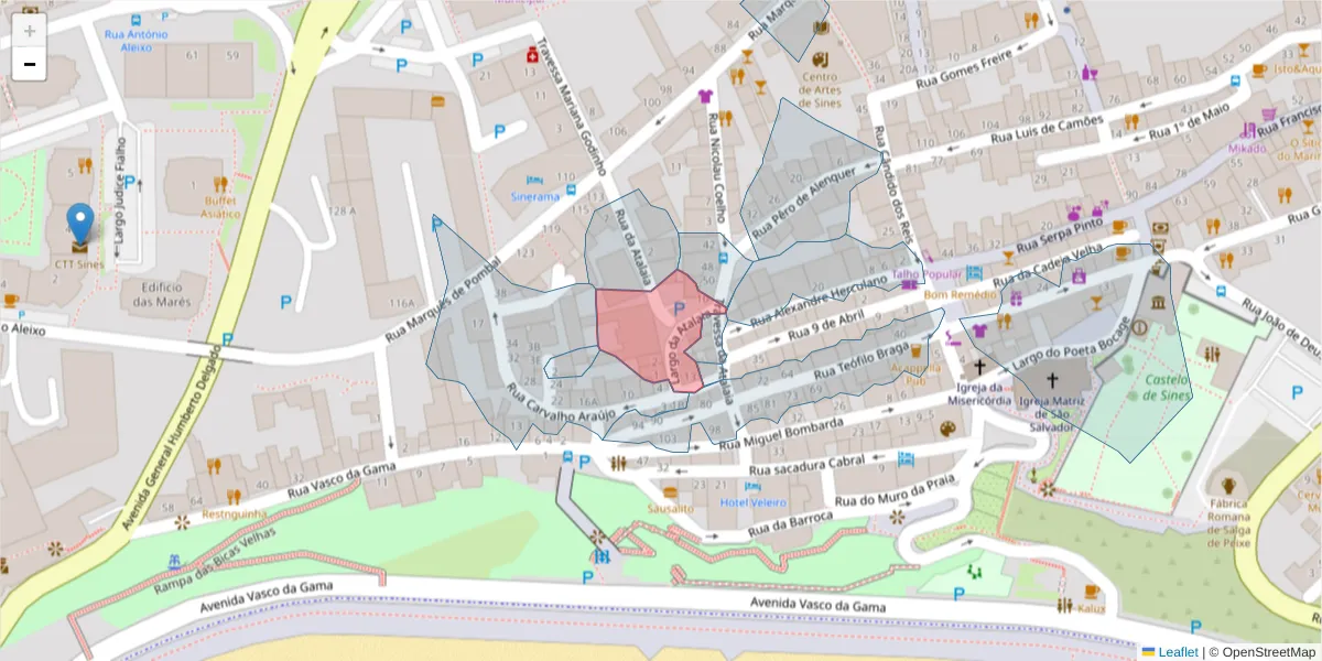 Mapa detalhado do código postal 7520-143 com limites, códigos postais vizinhos e agências dos correios