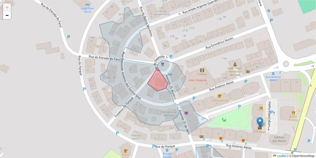 Mapa detalhado do código postal 7520-150 com limites, códigos postais vizinhos e agências dos correios