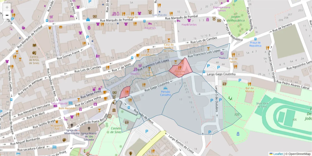 Mapa detalhado do código postal 7520-155 com limites, códigos postais vizinhos e agências dos correios