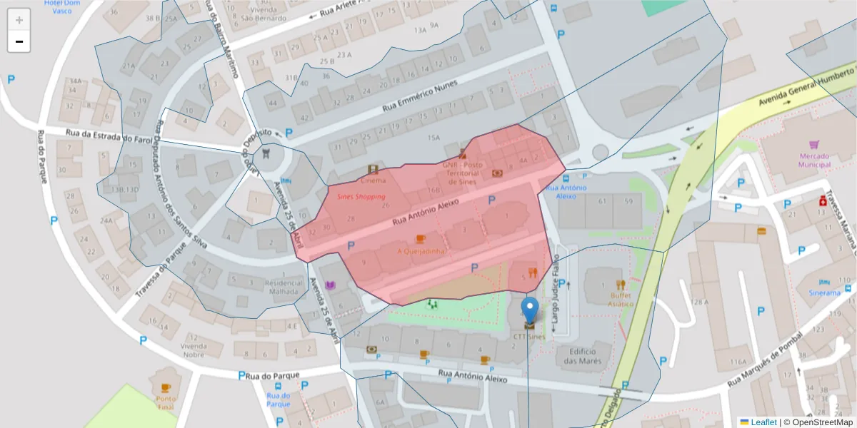 Mapa detalhado do código postal 7520-171 com limites, códigos postais vizinhos e agências dos correios