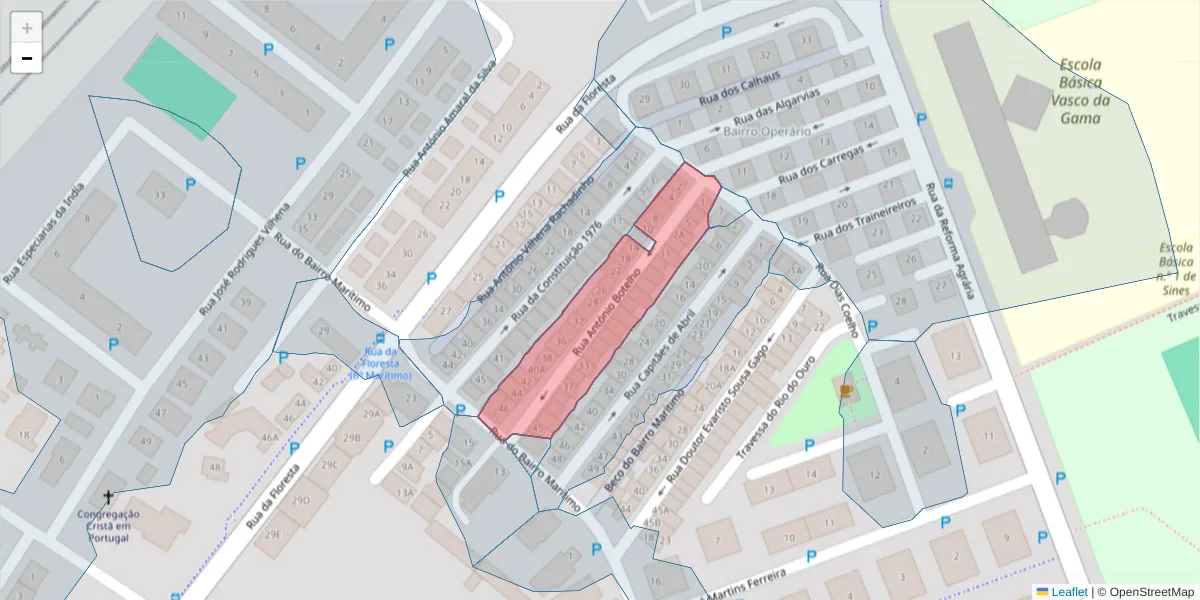 Mapa detalhado do código postal 7520-172 com limites, códigos postais vizinhos e agências dos correios