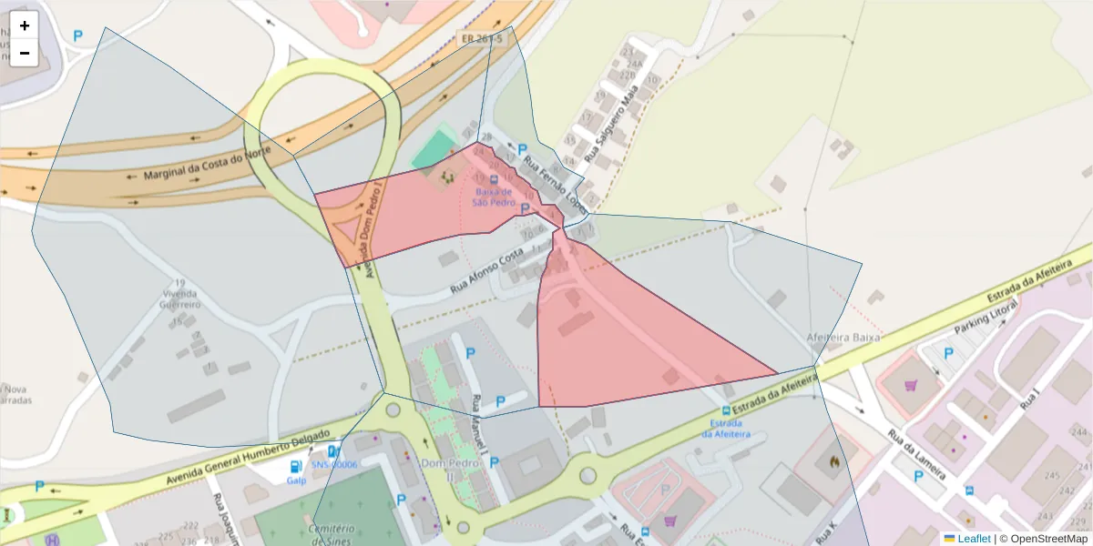 Mapa detalhado do código postal 7520-176 com limites, códigos postais vizinhos e agências dos correios