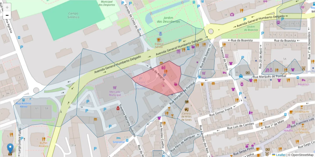 Mapa detalhado do código postal 7520-180 com limites, códigos postais vizinhos e agências dos correios