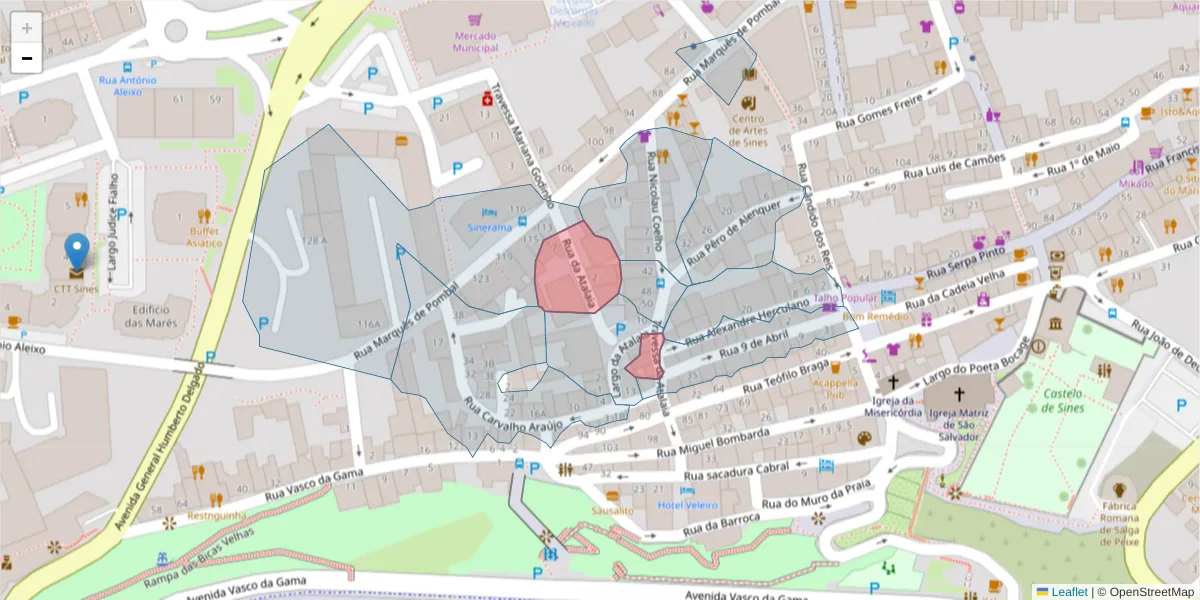 Mapa detalhado do código postal 7520-181 com limites, códigos postais vizinhos e agências dos correios