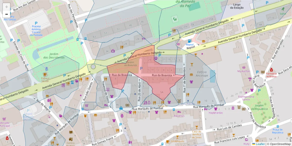 Mapa detalhado do código postal 7520-183 com limites, códigos postais vizinhos e agências dos correios