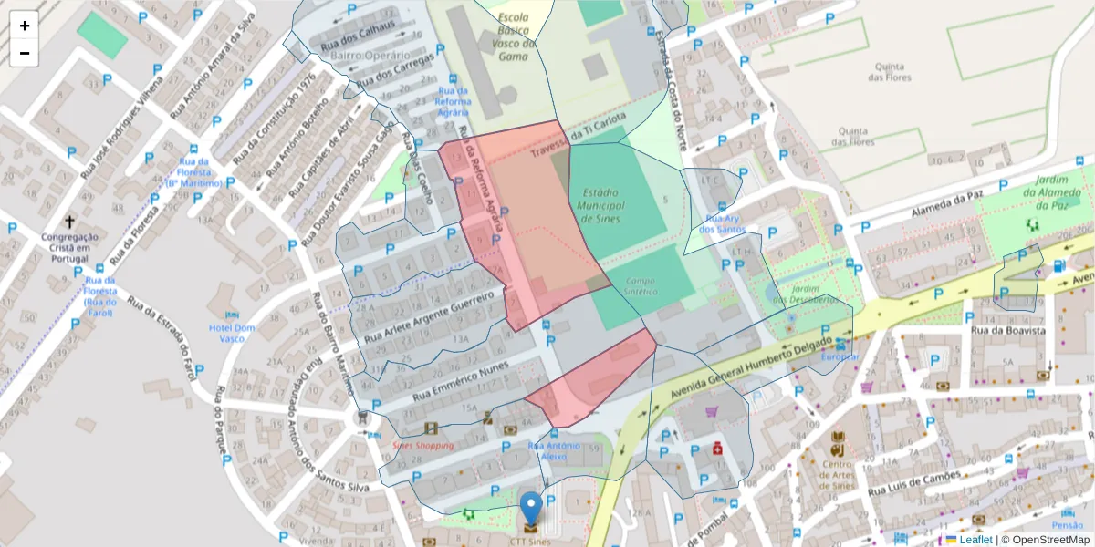 Mapa detalhado do código postal 7520-189 com limites, códigos postais vizinhos e agências dos correios