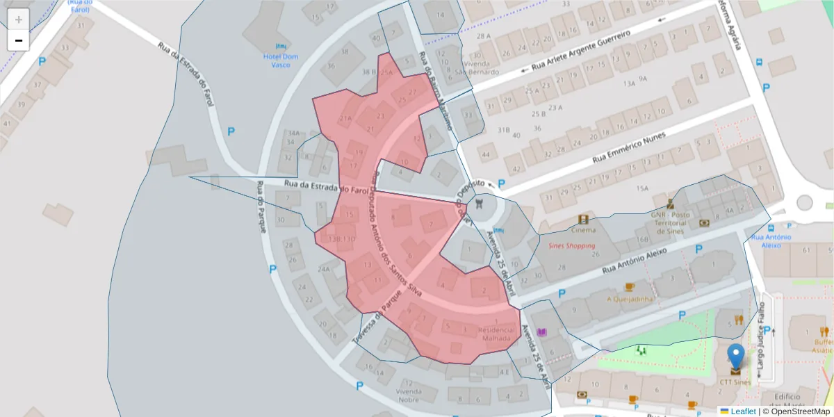 Mapa detalhado do código postal 7520-197 com limites, códigos postais vizinhos e agências dos correios