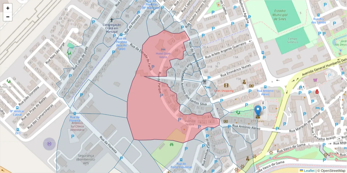 Mapa detalhado do código postal 7520-202 com limites, códigos postais vizinhos e agências dos correios