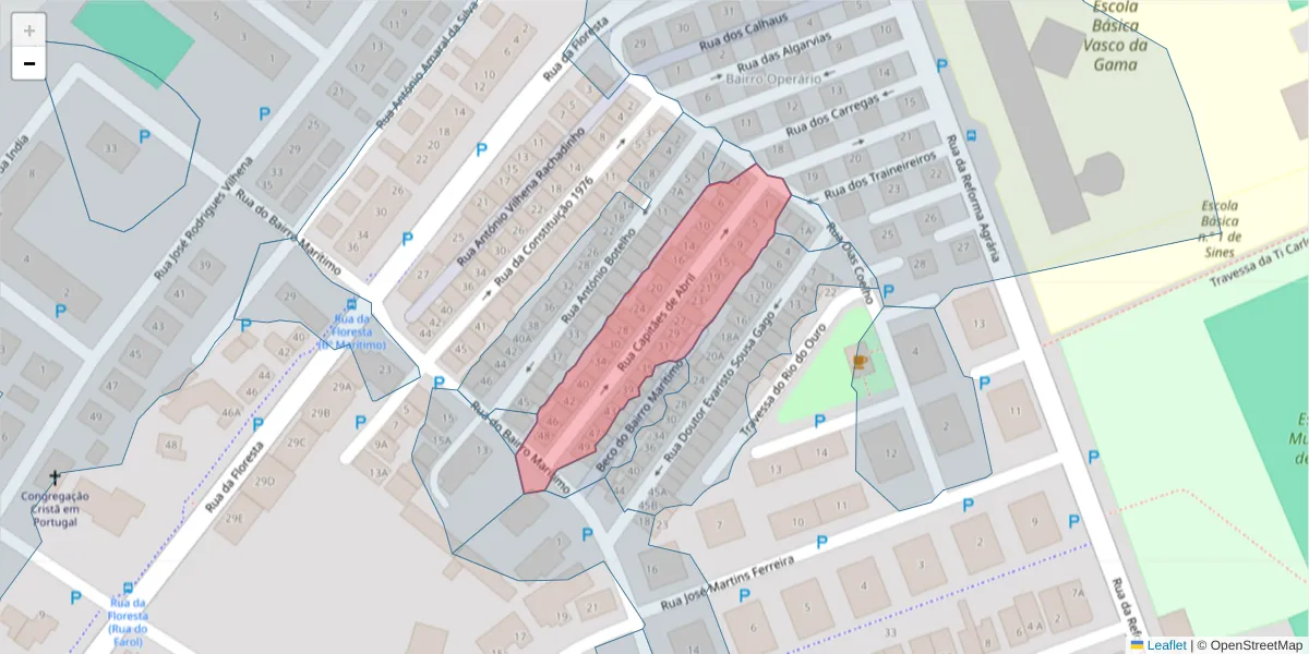 Mapa detalhado do código postal 7520-205 com limites, códigos postais vizinhos e agências dos correios