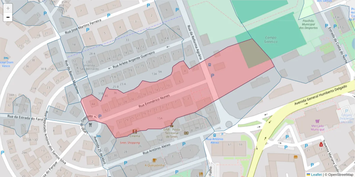 Mapa detalhado do código postal 7520-209 com limites, códigos postais vizinhos e agências dos correios