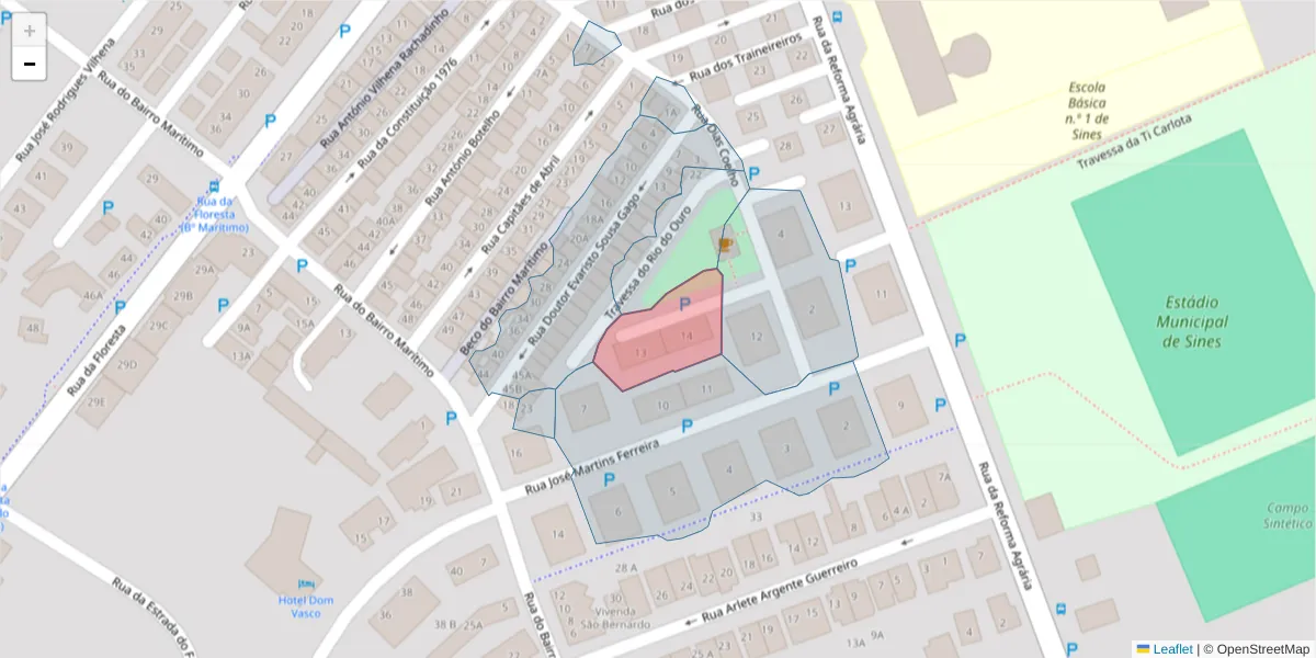 Mapa detalhado do código postal 7520-211 com limites, códigos postais vizinhos e agências dos correios