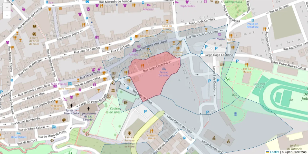 Mapa detalhado do código postal 7520-213 com limites, códigos postais vizinhos e agências dos correios