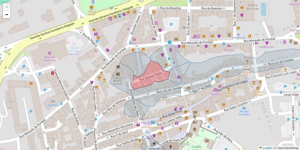 Mapa detalhado do código postal 7520-214 com limites, códigos postais vizinhos e agências dos correios