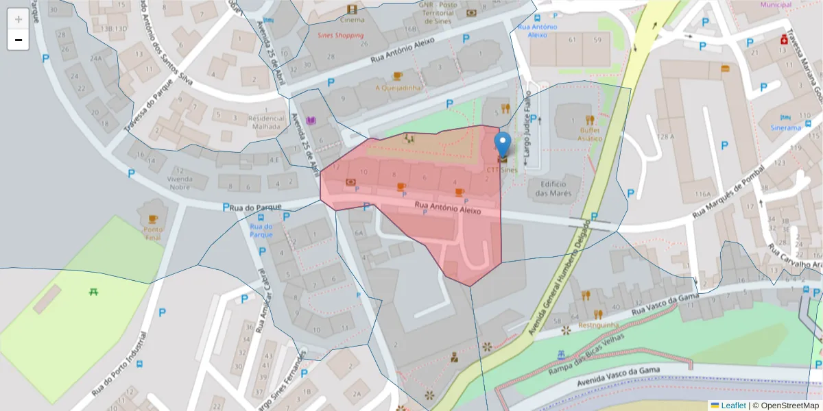 Mapa detalhado do código postal 7520-218 com limites, códigos postais vizinhos e agências dos correios