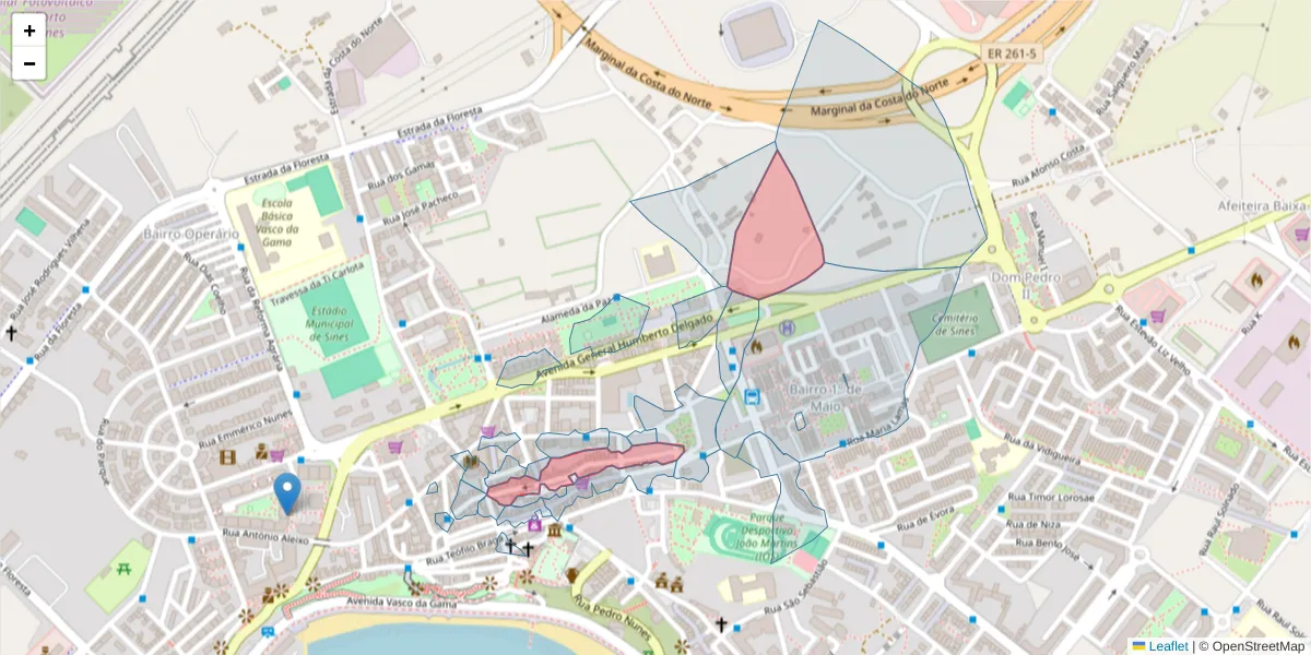 Mapa detalhado do código postal 7520-220 com limites, códigos postais vizinhos e agências dos correios