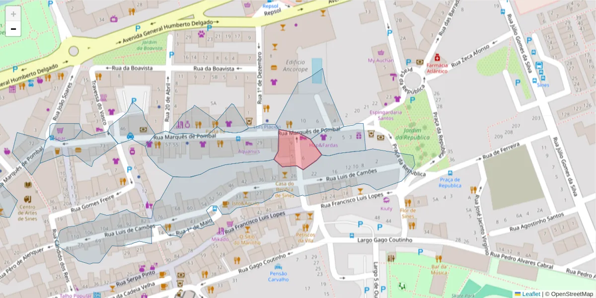 Mapa detalhado do código postal 7520-222 com limites, códigos postais vizinhos e agências dos correios
