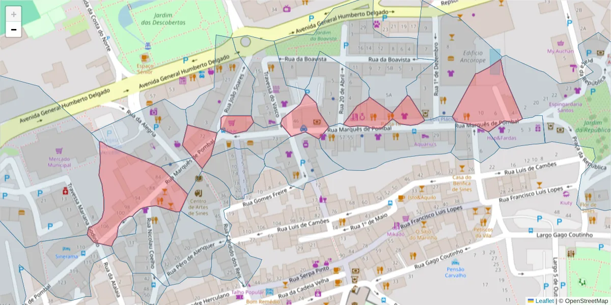 Mapa detalhado do código postal 7520-225 com limites, códigos postais vizinhos e agências dos correios