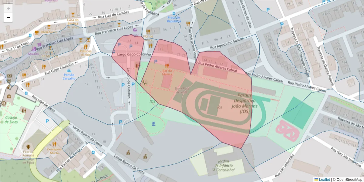 Mapa detalhado do código postal 7520-233 com limites, códigos postais vizinhos e agências dos correios