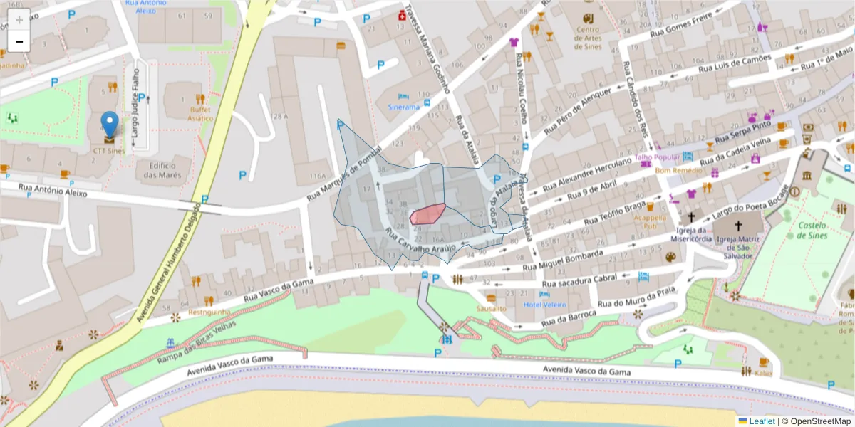 Mapa detalhado do código postal 7520-247 com limites, códigos postais vizinhos e agências dos correios