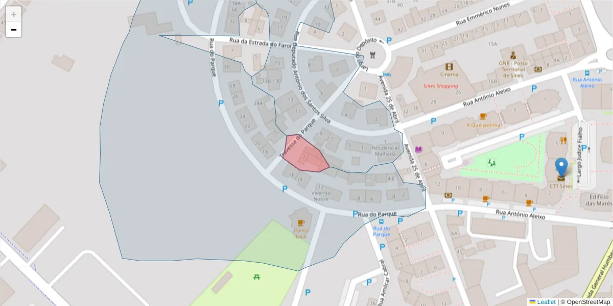 Mapa detalhado do código postal 7520-257 com limites, códigos postais vizinhos e agências dos correios