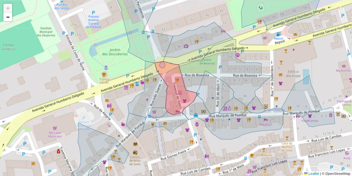 Mapa detalhado do código postal 7520-259 com limites, códigos postais vizinhos e agências dos correios