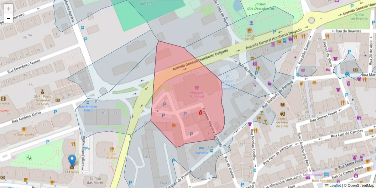 Mapa detalhado do código postal 7520-261 com limites, códigos postais vizinhos e agências dos correios